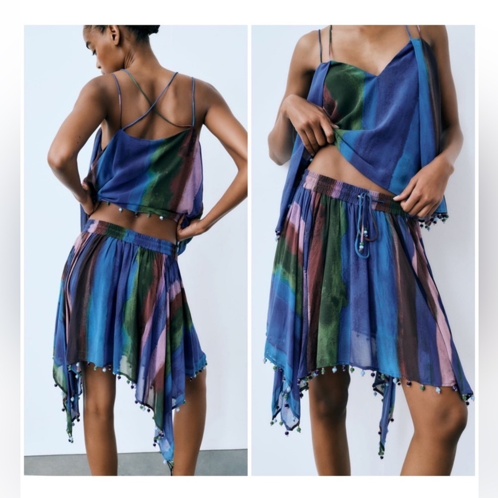 Womens Zara Multicolored Matching Beaded Trim Strap Camisole and Skirt Set S